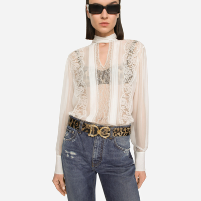 Shop Dolce & Gabbana Chiffon And Lace Pussy-bow Blouse In White
