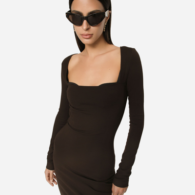 Shop Dolce & Gabbana Technical Jersey Calf-length Dress In Brown