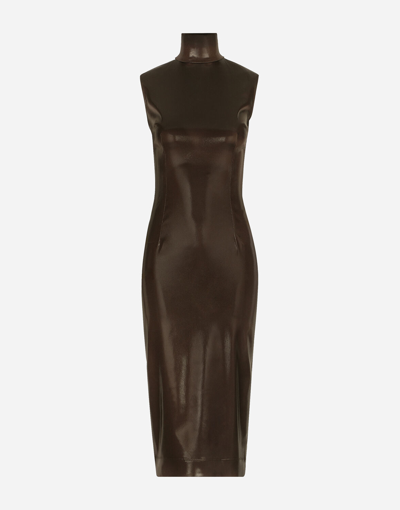 Shop Dolce & Gabbana Sleeveless Calf-length Dress In Shiny Satin In Brown