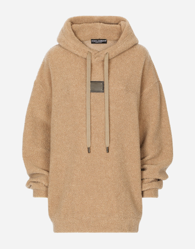 Shop Dolce & Gabbana Wool Jersey Hoodie With Logo Tag In Beige