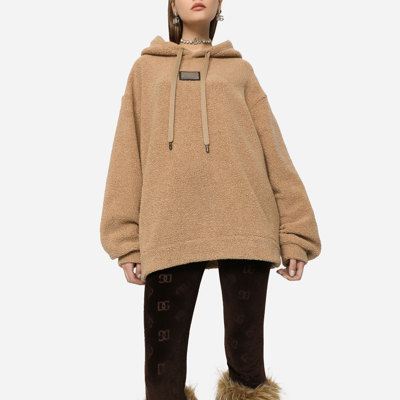 Shop Dolce & Gabbana Wool Jersey Hoodie With Logo Tag In Beige
