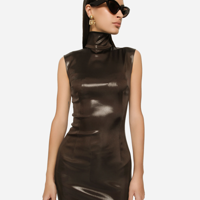Shop Dolce & Gabbana Sleeveless Calf-length Dress In Shiny Satin In Brown