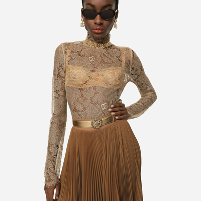 Dolce & Gabbana Blouse In Logoed Floral Lace In Beige