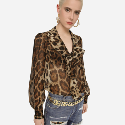 Shop Dolce & Gabbana Leopard-print Chiffon Shirt With Ruches In Animal Print