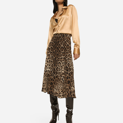 Dolce & Gabbana Leopard Print Stretch Cady A-line Skirt In Animal Print