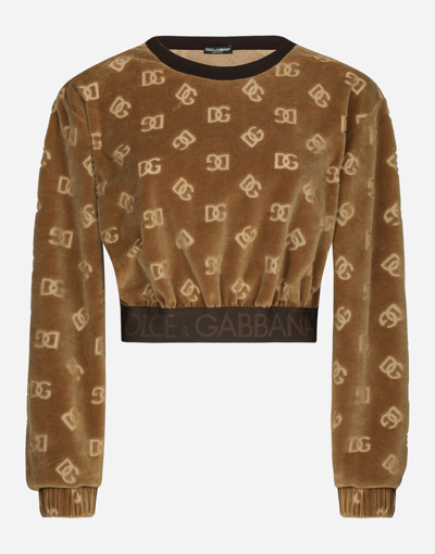Shop Dolce & Gabbana Short Chenille Sweatshirt With Jacquard Dg Logo In Beige