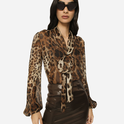 Shop Dolce & Gabbana Leopard-print Chiffon Pussy-bow Shirt In Animal Print