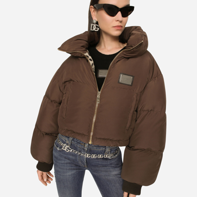 Shop Dolce & Gabbana Short Padded Nylon Jacket With Logo Tag In Brown