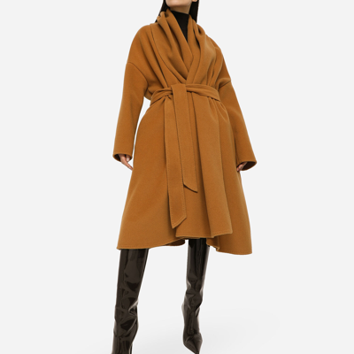 Shop Dolce & Gabbana Belted Oversize Cashmere Wool Coat In Yellow