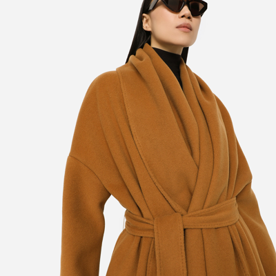 Shop Dolce & Gabbana Belted Oversize Cashmere Wool Coat In Yellow