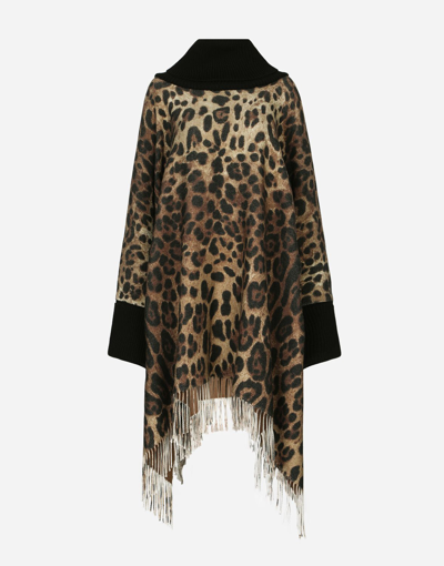 Shop Dolce & Gabbana Cashmere And Wool Poncho With Fringing In Animal Print