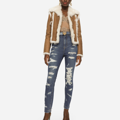 Dolce & Gabbana Short Shearling Jacket In Beige