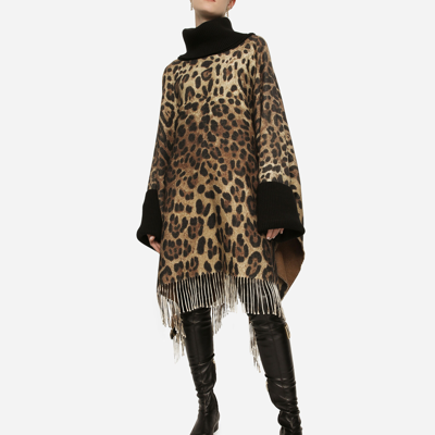 Shop Dolce & Gabbana Cashmere And Wool Poncho With Fringing In Animal Print