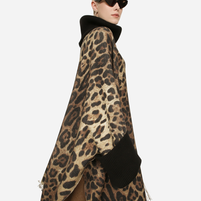 Shop Dolce & Gabbana Cashmere And Wool Poncho With Fringing In Animal Print