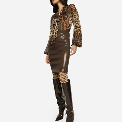 Shop Dolce & Gabbana Midi Skirt In Shiny Satin In Brown