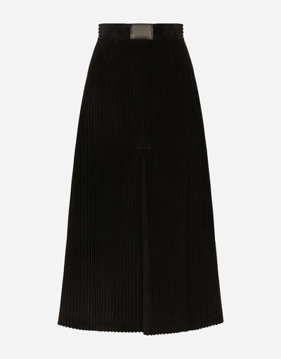 Shop Dolce & Gabbana Long Corduroy A-line Skirt With Logo Tag In Brown
