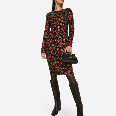 Shop Dolce & Gabbana Cherry-print Jersey Midi Dress With Fusible Rhinestones In Multicolor