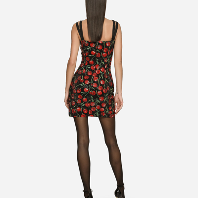 Shop Dolce & Gabbana Cherry-print Jersey Minidress With Fusible Rhinestones In Multicolor