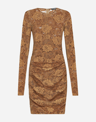 Shop Dolce & Gabbana Short Floral Lace Dress In Beige