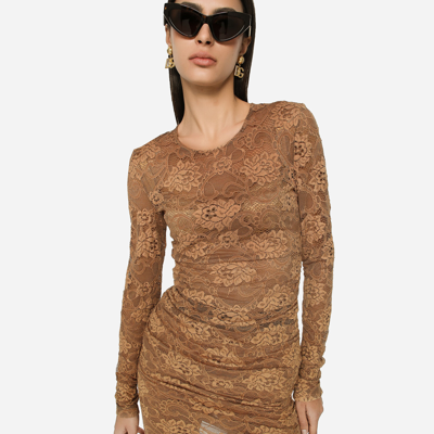 Shop Dolce & Gabbana Short Floral Lace Dress In Beige