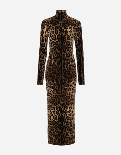 Shop Dolce & Gabbana Long Chenille Dress With Jacquard Leopard Design In Multicolor