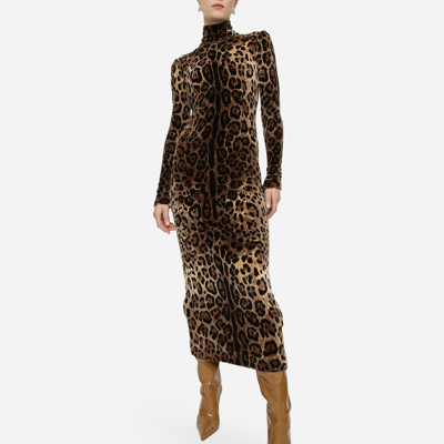 Shop Dolce & Gabbana Long Chenille Dress With Jacquard Leopard Design In Multicolor