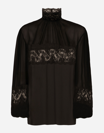 Shop Dolce & Gabbana Georgette And Lace Turtle-neck Blouse In Black