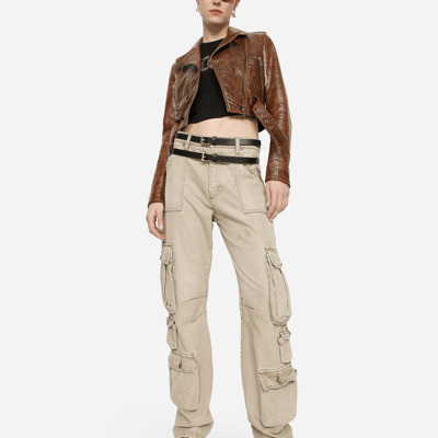 Dolce & Gabbana Coated Cotton Faux Leather Biker Jacket In Brown