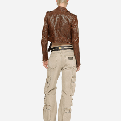 Dolce & Gabbana Coated Cotton Faux Leather Biker Jacket In Brown