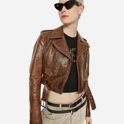 Dolce & Gabbana Coated Cotton Faux Leather Biker Jacket In Brown