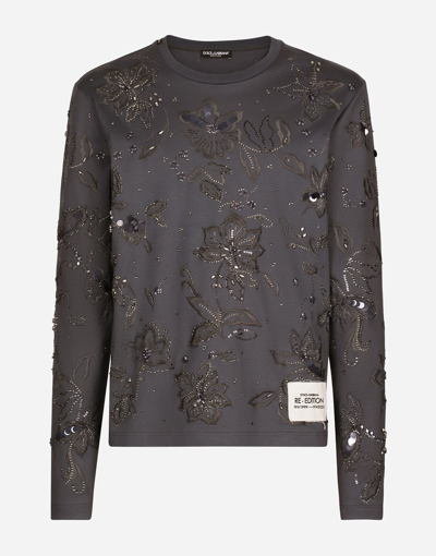 Shop Dolce & Gabbana Cotton Interlock T-shirt With Embroidery In Grey