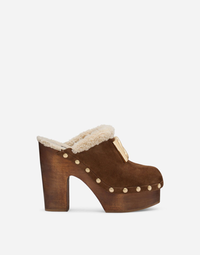 Shop Dolce & Gabbana Suede And Faux Fur Clogs In Brown