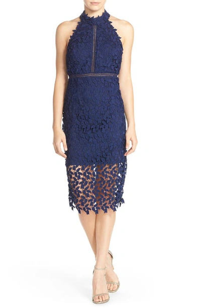 Shop Bardot Gemma Halter Lace Sheath Dress In Blue Ink