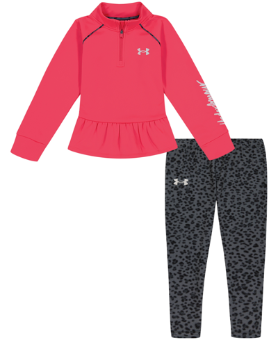 Shop Under Armour Little Girls Spotted Halftone Quarter-zip Fleece Pullover And Leggings Set In Pink Shock