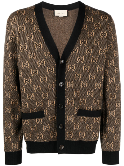 Shop Gucci Brown Gg Jacquard Wool Cardigan