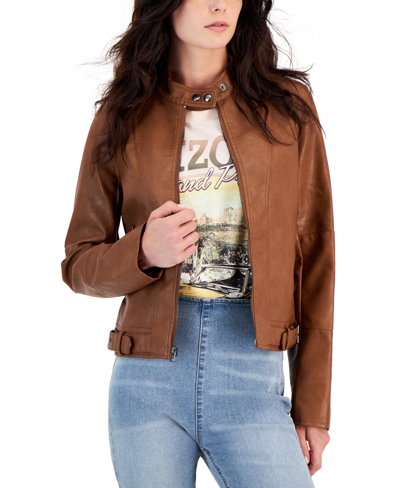 Shop Maralyn & Me Juniors' Faux-leather Long-sleeve Moto Jacket In Cognac