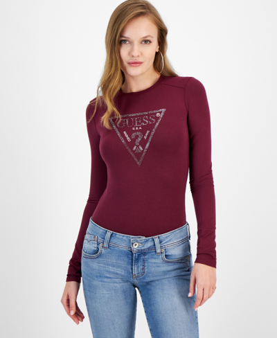 Shop Guess Women's Logo Long-sleeve Bodysuit In Mystic Wine