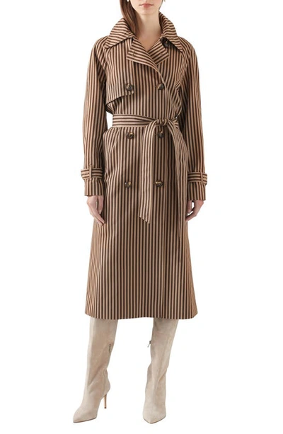 Shop Lk Bennett Carine Stripe Tie Belt Double Breasted Trench Coat In Sand/ Chocolate
