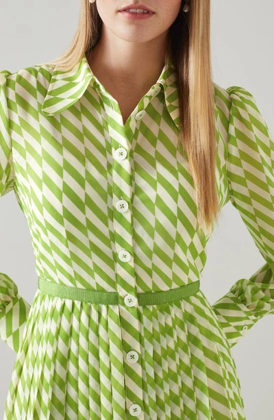 Shop Lk Bennett Tallis Pleated Puff Shoulder Long Sleeve Midi Shirtdress In Green Multi