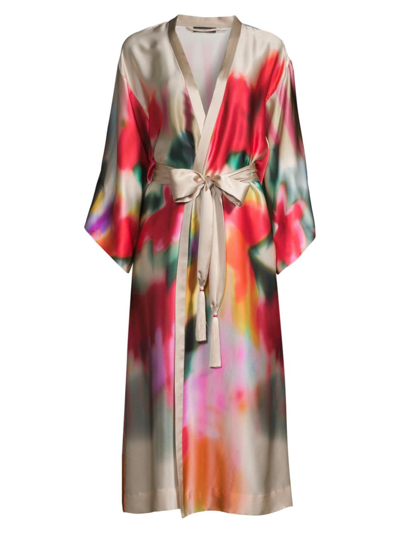 Shop Josie Natori Women's Melisande Silk Watercolor Robe In Parchment Multi