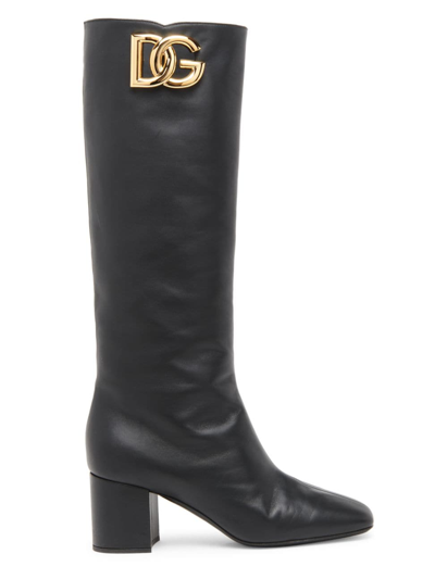 Shop Dolce & Gabbana Women's Leather Logo Knee-high Boots In Black