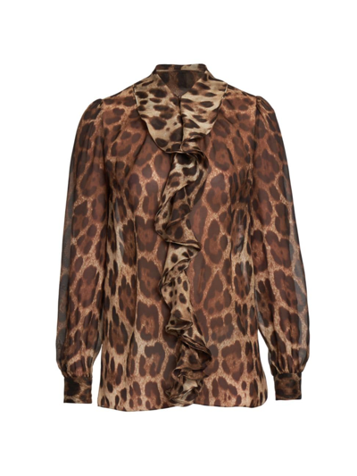 Shop Dolce & Gabbana Women's Ruffle & Leopard-print Silk Blouse