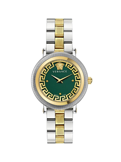 Shop Versace Men's Greca Flourish Stainless Steel Bracelet Watch/35mm In Two Tone Green