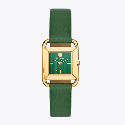 Shop Tory Burch Miller Watch, Leather/ Gold-tone Stainless Steel In Malachite/green