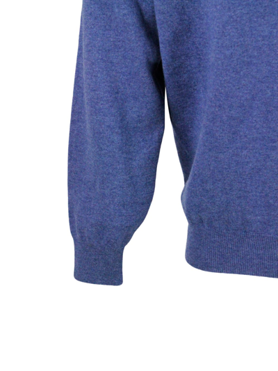 Shop Brunello Cucinelli 100% Cashmere V-neck Sweater With Contrasting Profile In Blu