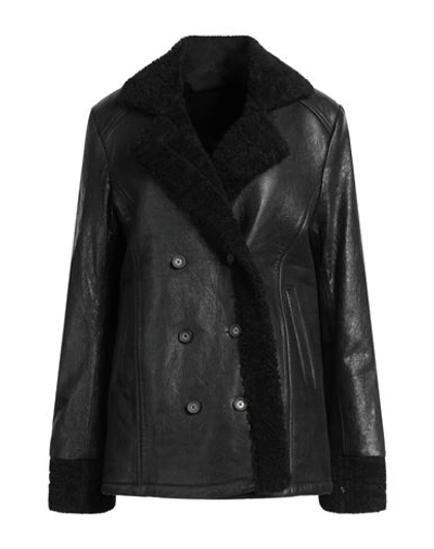 Shop Andrea D'amico Woman Coat Black Size 8 Soft Leather, Textile Fibers