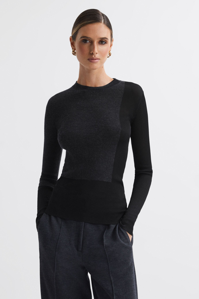 Shop Reiss Jude - Black/charcoal Hybrid Wool-silk Knit T-shirt, Xs