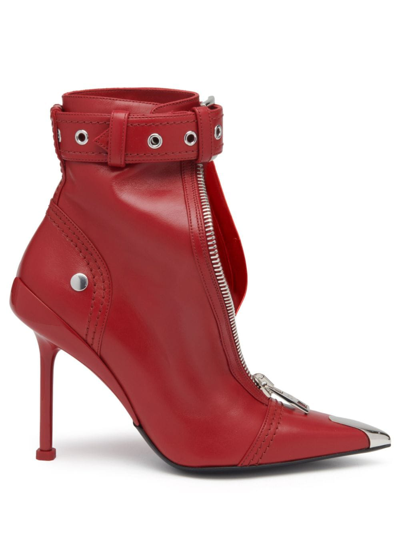 Shop Alexander Mcqueen Buckle-fastening Leather Ankle Boots In Red