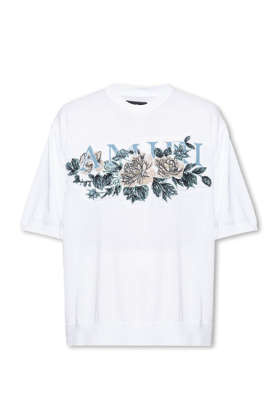 Shop Amiri Floral Pattern Crewneck Knitted T In White