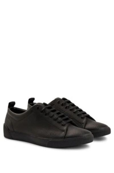 Shop Hugo Grained-leather Low-top Trainers With Logo Tape In Black